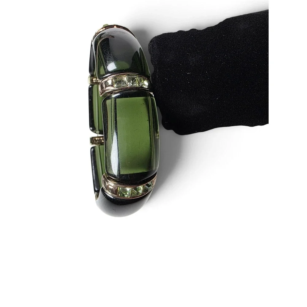 Vintage Olive Green Lucite Segmented Stretch Bracelet Gold Tone Crystal Accents